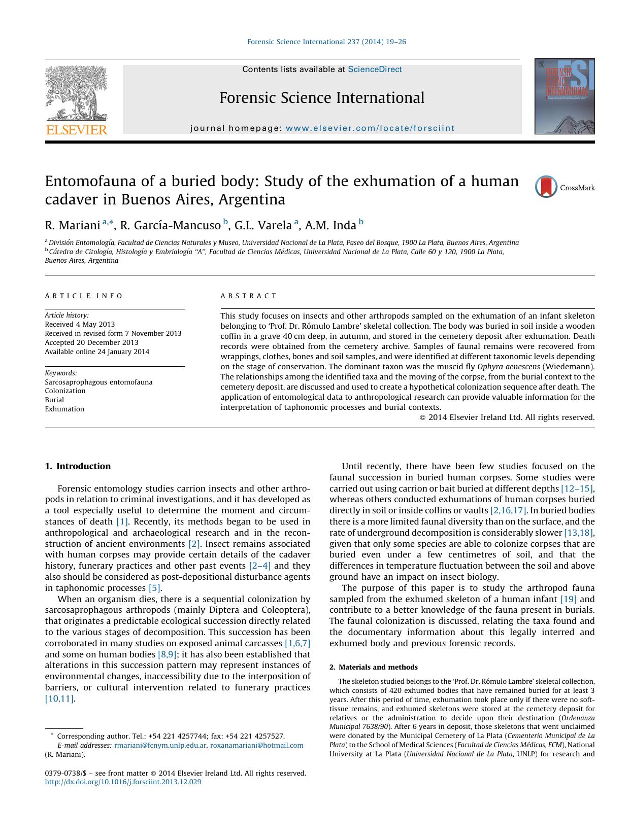 Entomofauna of a buried body: Study of the exhumation of a human cadaver in Buenos Aires, Argentina by R. Mariani & R. García-Mancuso & G.L. Varela & A.M. Inda
