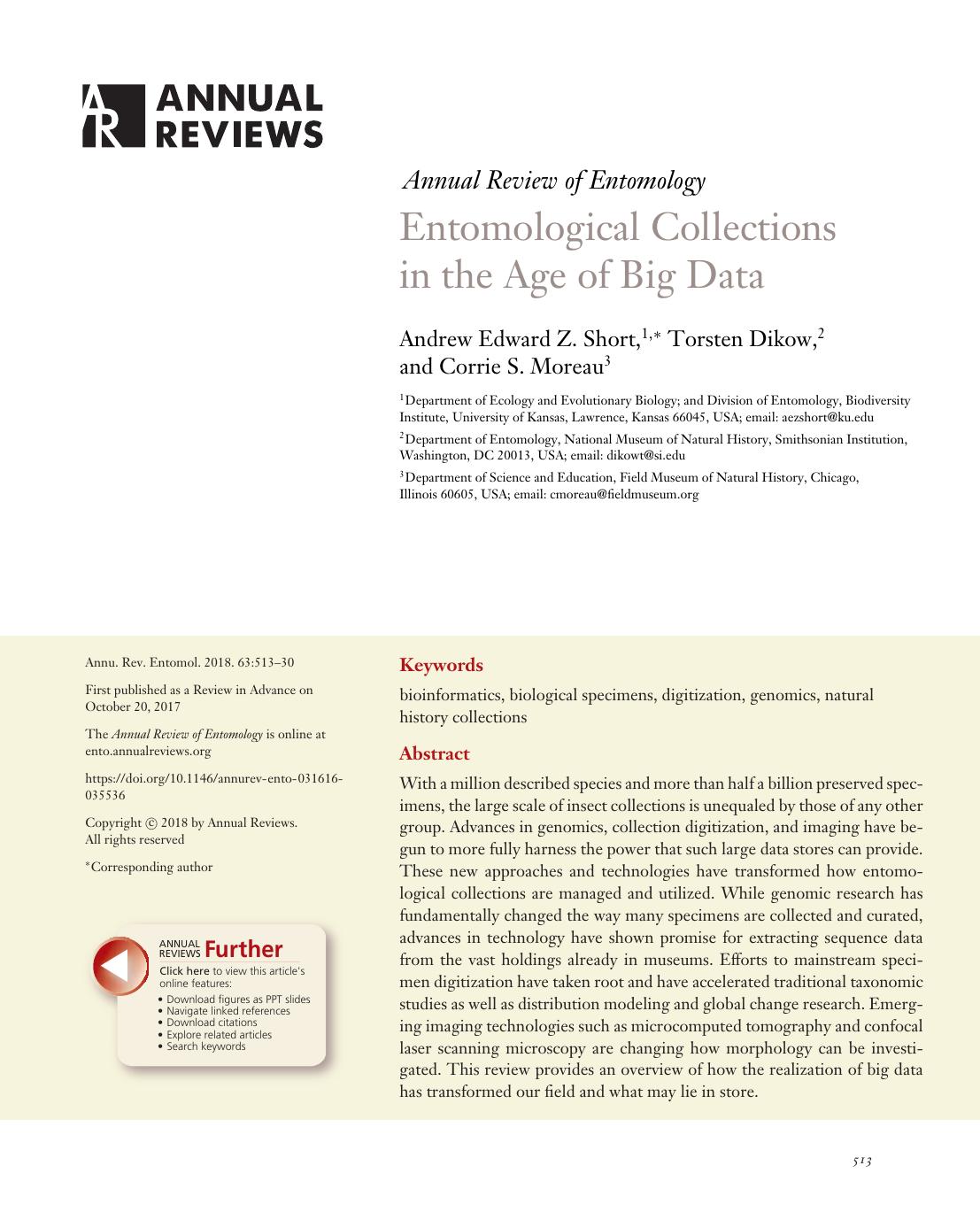 Entomological Collections in the Age of Big Data by Andrew Edward Z. Short Torsten Dikow Corrie S. Moreau