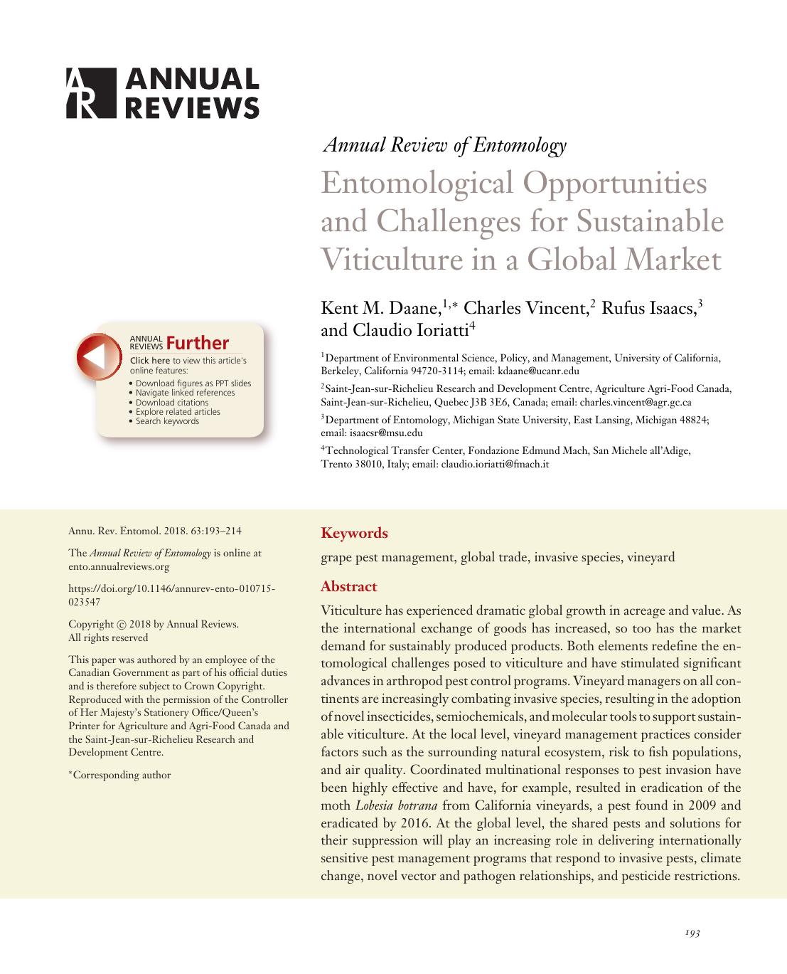 Entomological Opportunities and Challenges for Sustainable Viticulture in a Global Market by Kent M. Daane Charles Vincent Rufus Isaacs Claudio Ioriatti
