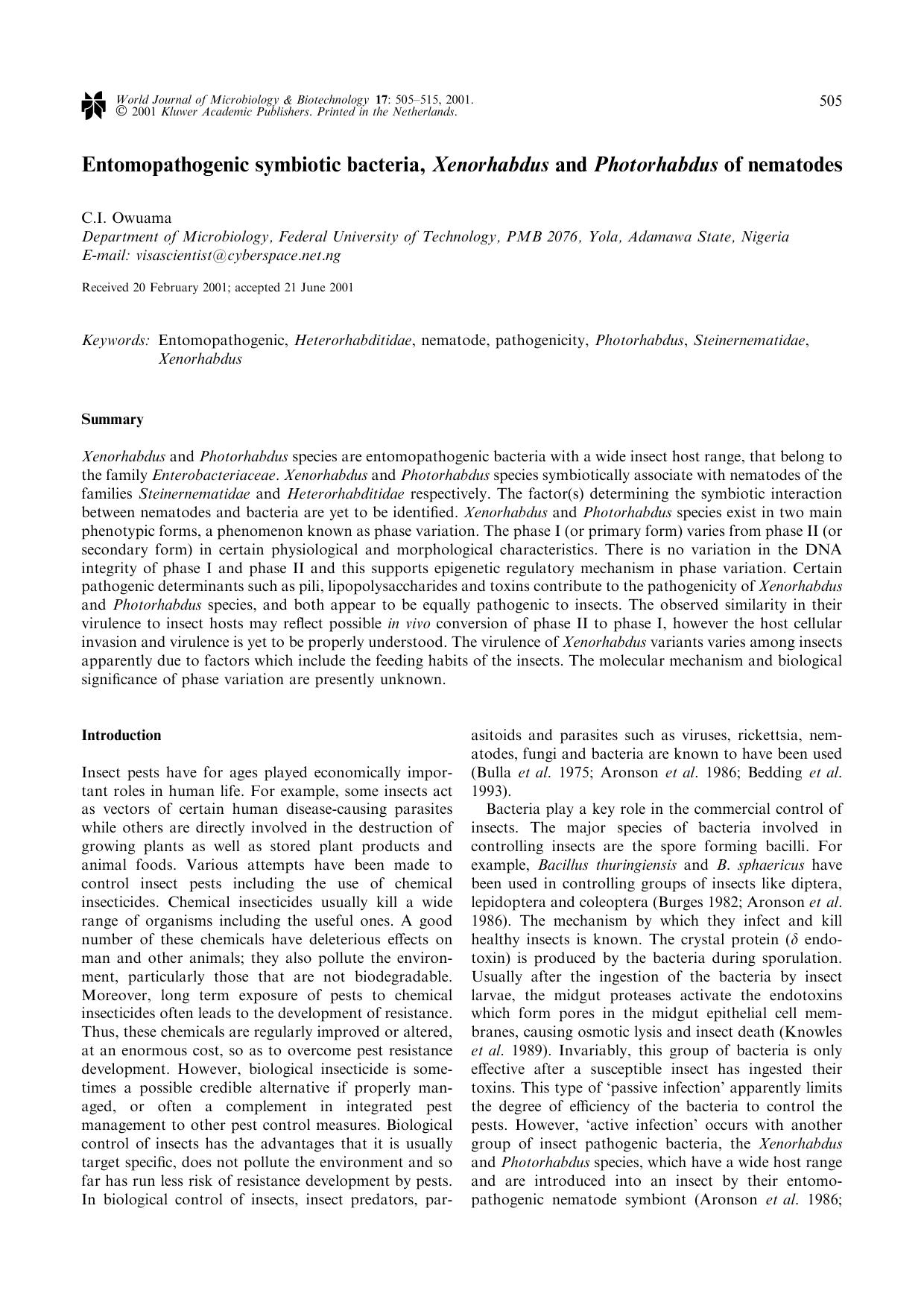 Entomopathogenic symbiotic bacteria, Xenorhabdus and Photorhabdus of nematodes by Unknown