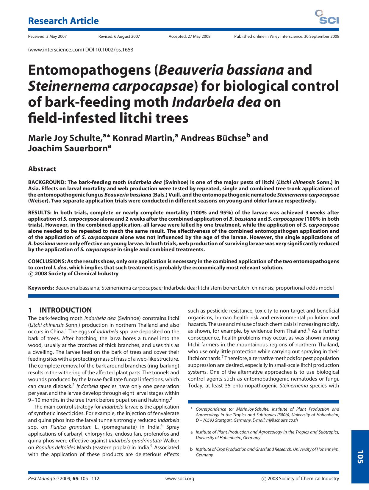 Entomopathogens (Beauveria bassiana and Steinernema carpocapsae) for biological control of bark-feeding moth Indarbela dea on field-infested litchi trees by Unknown