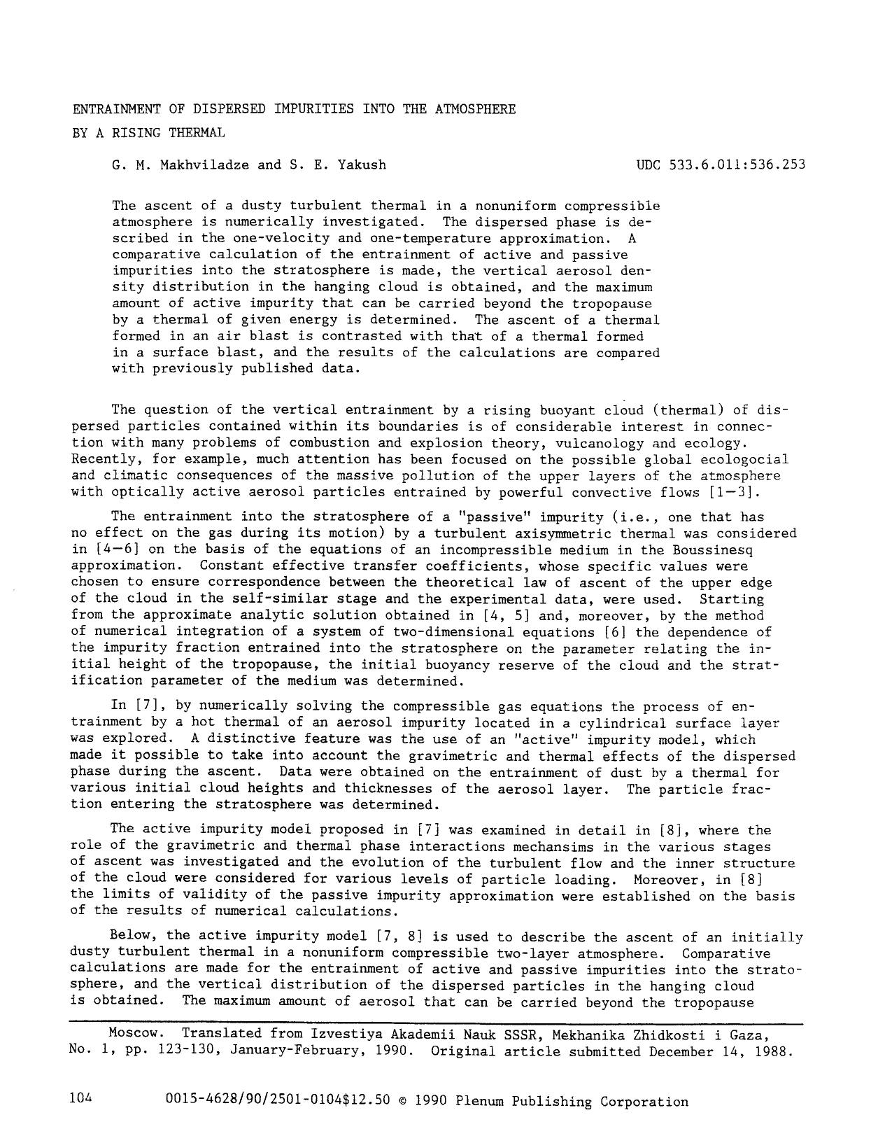 Entrainment of dispersed impurities into the atmosphere by a rising thermal by Unknown