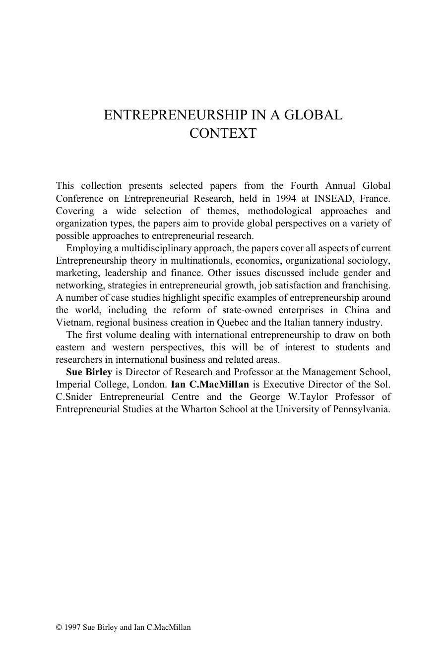 Entrepreneurship in a Global Context (International Business and the World Economy, 5) by Sue Birley