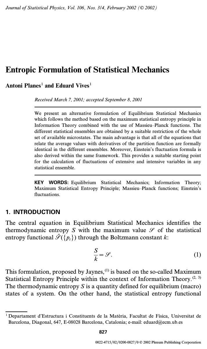 Entropic Formulation of Statistical Mechanics by Unknown