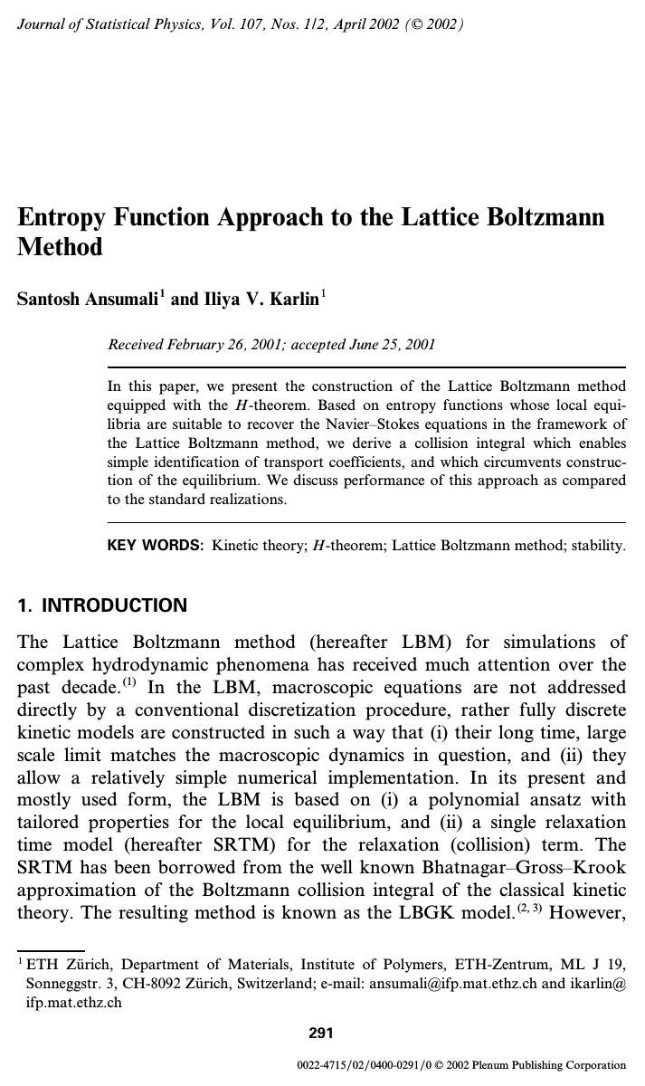 Entropy Function Approach to the Lattice Boltzmann Method by Unknown