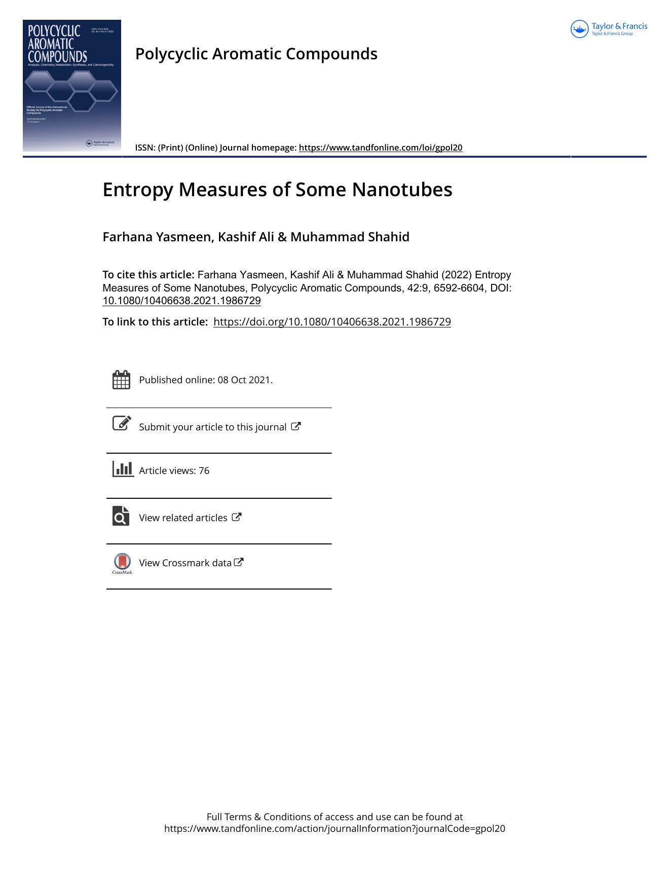 Entropy Measures of Some Nanotubes by Yasmeen Farhana & Ali Kashif & Shahid Muhammad