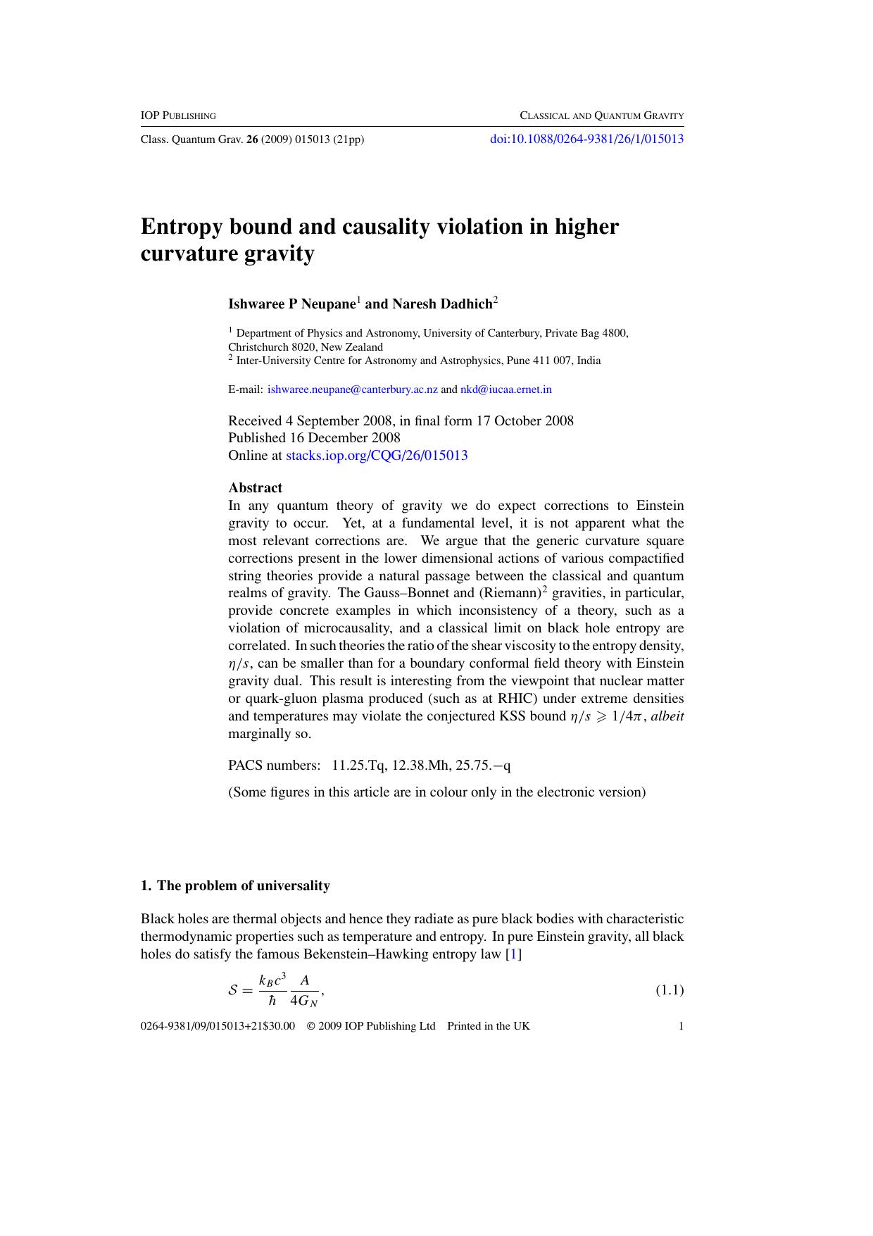 Entropy bound and causality violation in higher curvature gravity by I P Neupane and N Dadhich