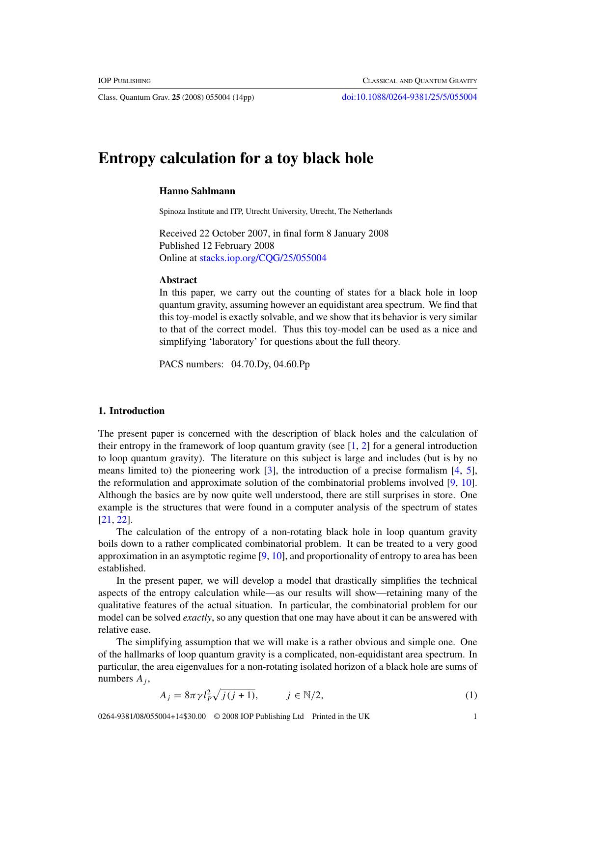 Entropy calculation for a toy black hole by H Sahlmann
