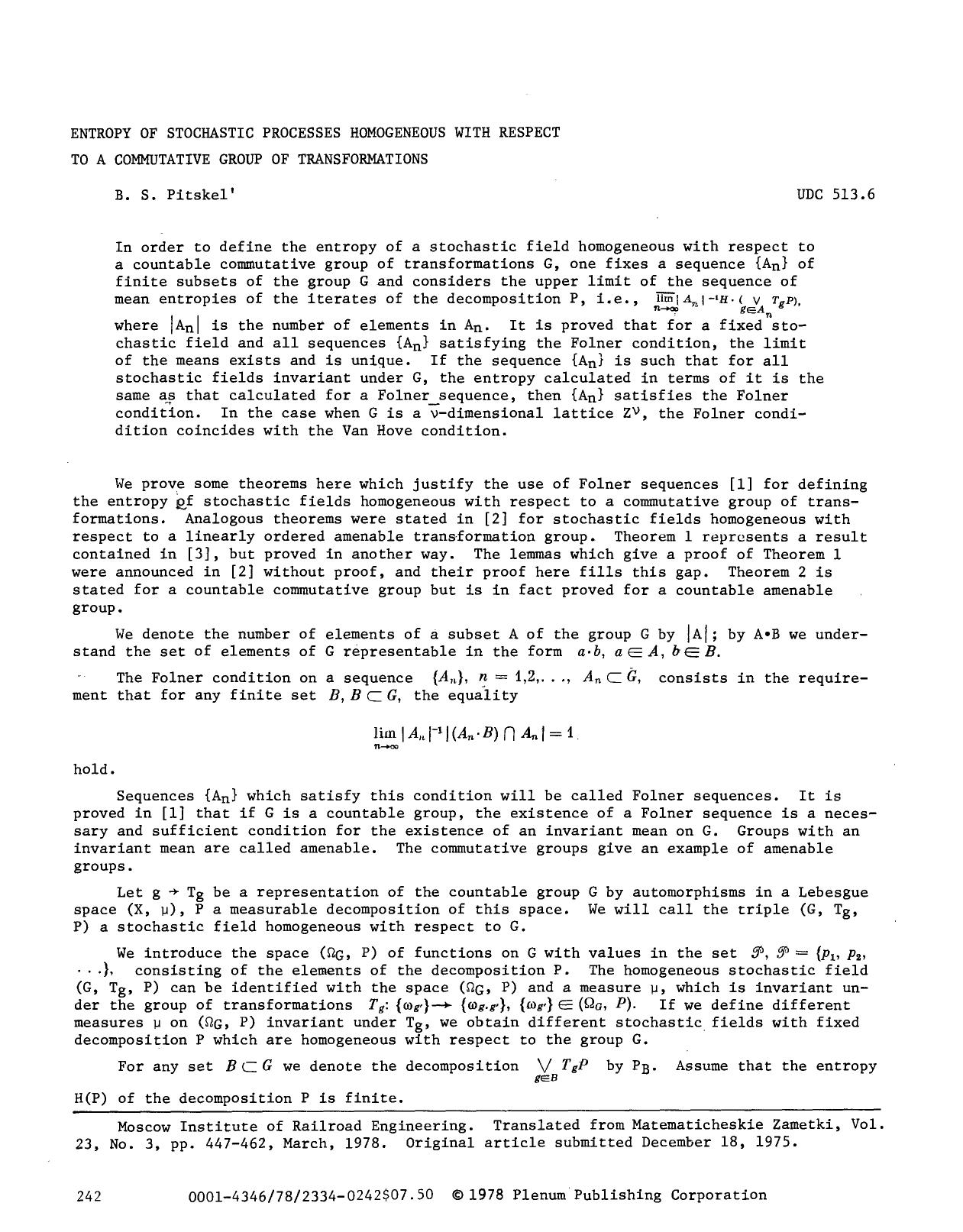Entropy of stochastic processes homogeneous with respect to a commutative group of transformations by Unknown