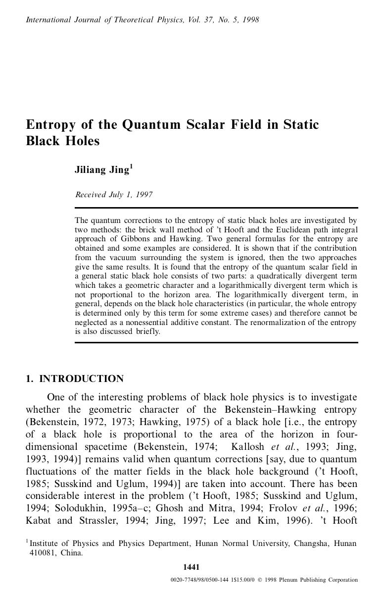 Entropy of the Quantum Scalar Field in Static Black Holes by Unknown