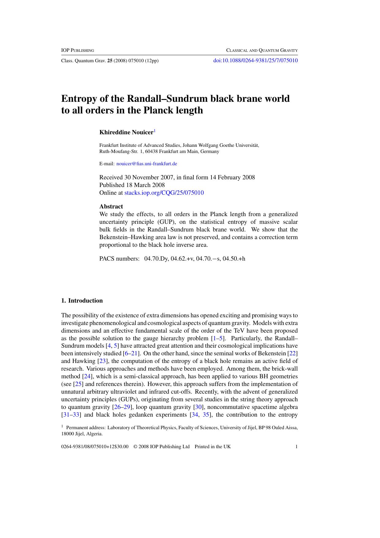 Entropy of the Randall--Sundrum black brane world to all orders in the Planck length by K Nouicer
