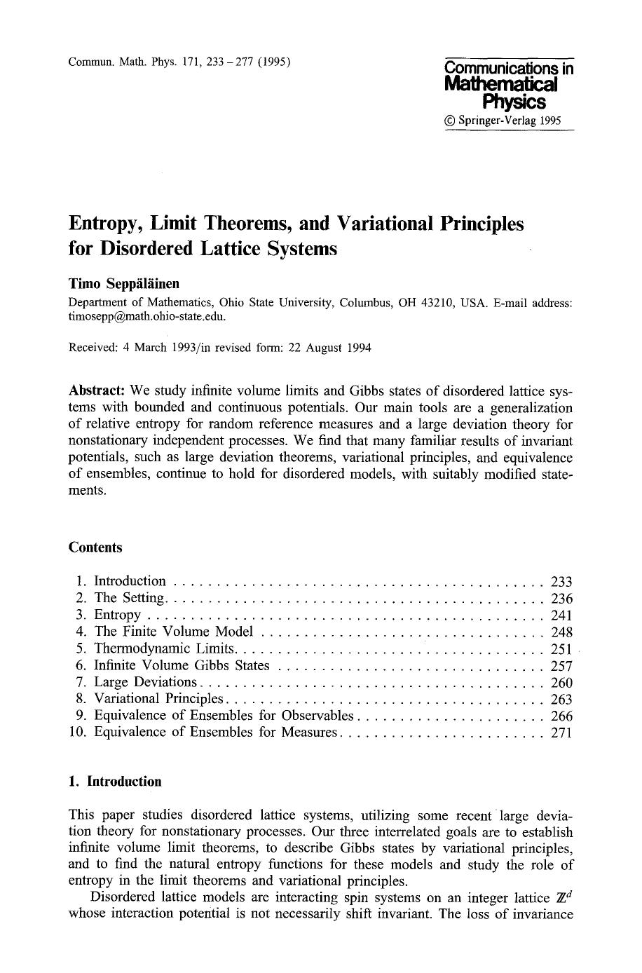 Entropy, limit theorems, and variational principles for disordered lattice systems by Unknown