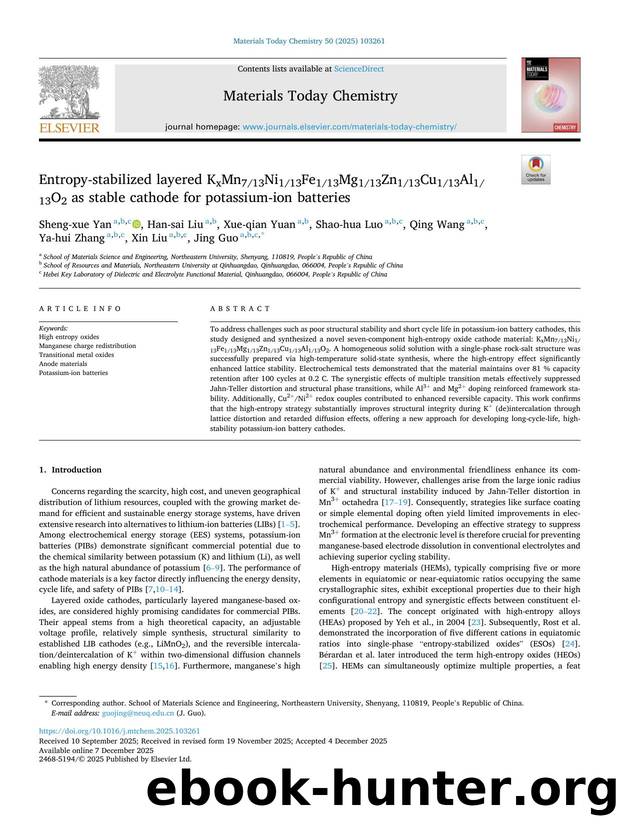 Entropy-stabilized layered KxMn713Ni113Fe113Mg113Zn113Cu113Al113O2 as stable cathode for potassium-ion batteries by unknow