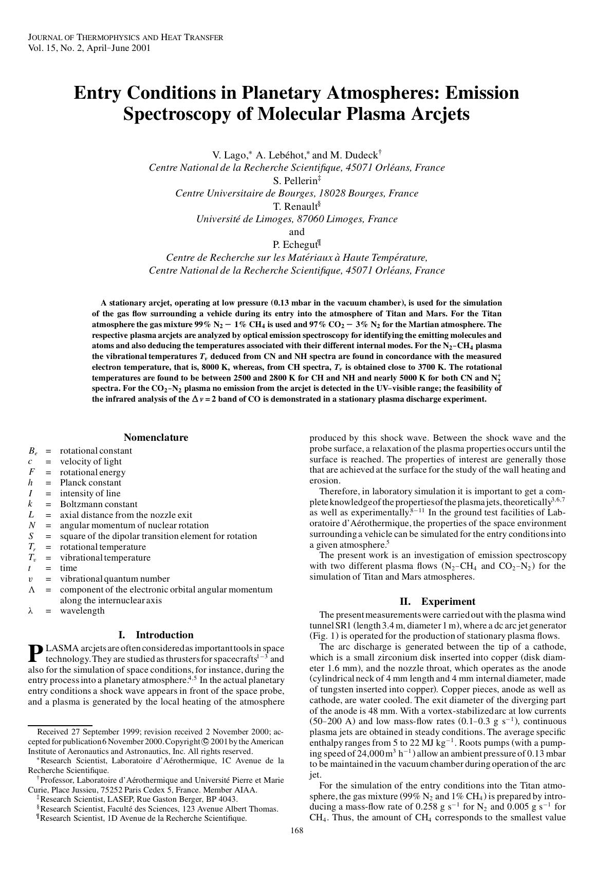 Entry Conditions in Planetary Atmospheres: Emission Spectroscopy of Molecular Plasma Arcjets by Unknown