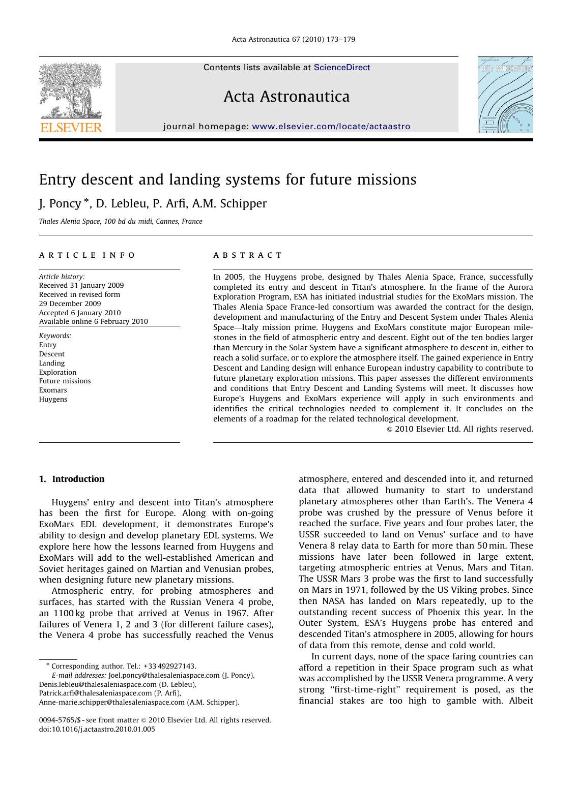 Entry descent and landing systems for future missions by J. Poncy; D. Lebleu; P. Arfi; A.M. Schipper
