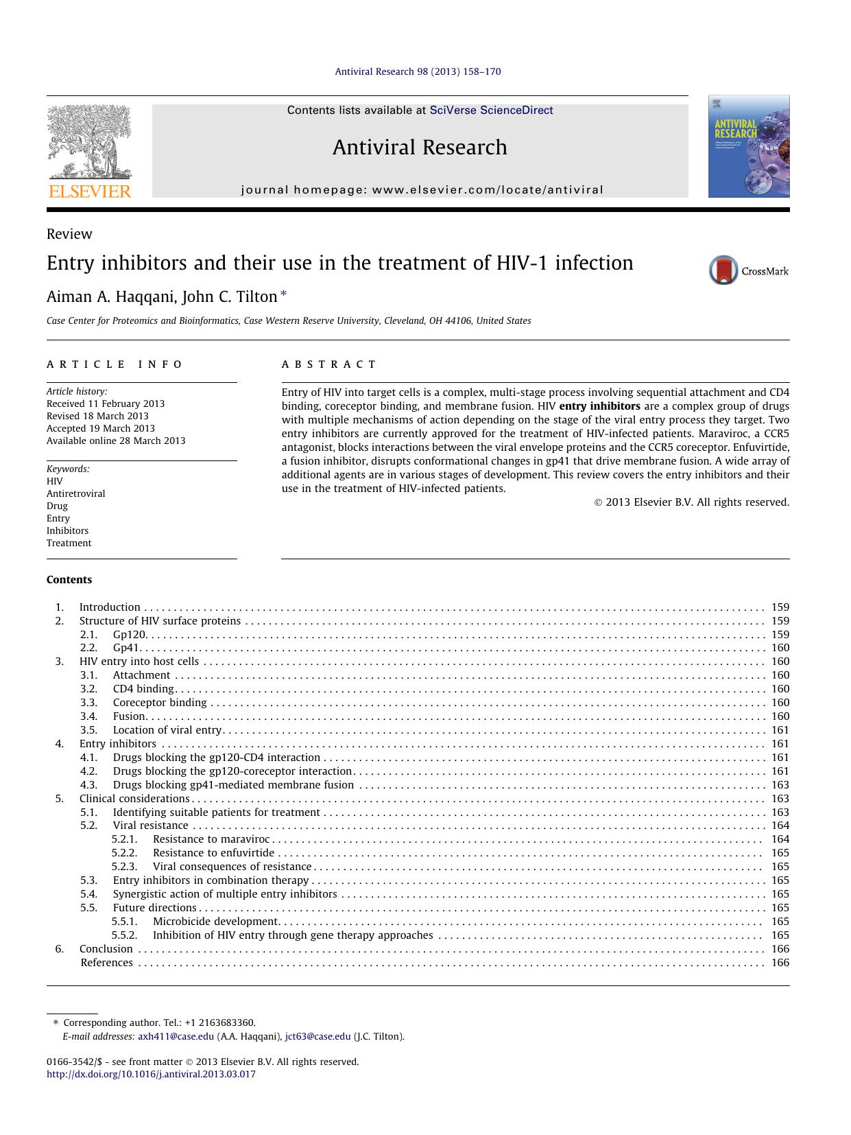 Entry inhibitors and their use in the treatment of HIV-1 infection by Aiman A. Haqqani & John C. Tilton