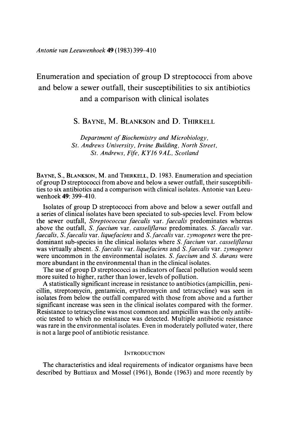 Enumeration and speciation of group D streptococci from above and below a sewer outfall, their susceptibilities to six antibiotics and a comparison with clinical isolates by Unknown