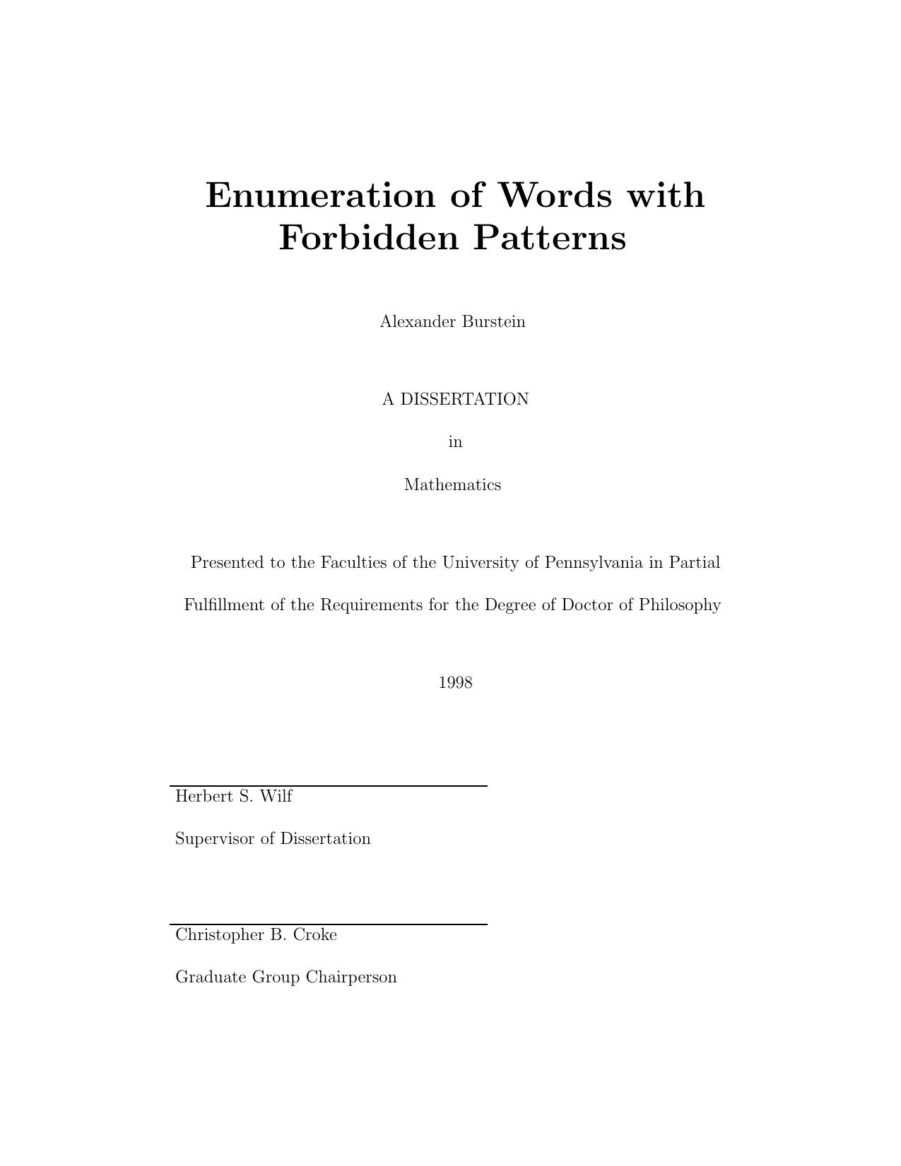 Enumeration of Words with Forbidden Patterns by Alexander Burstein