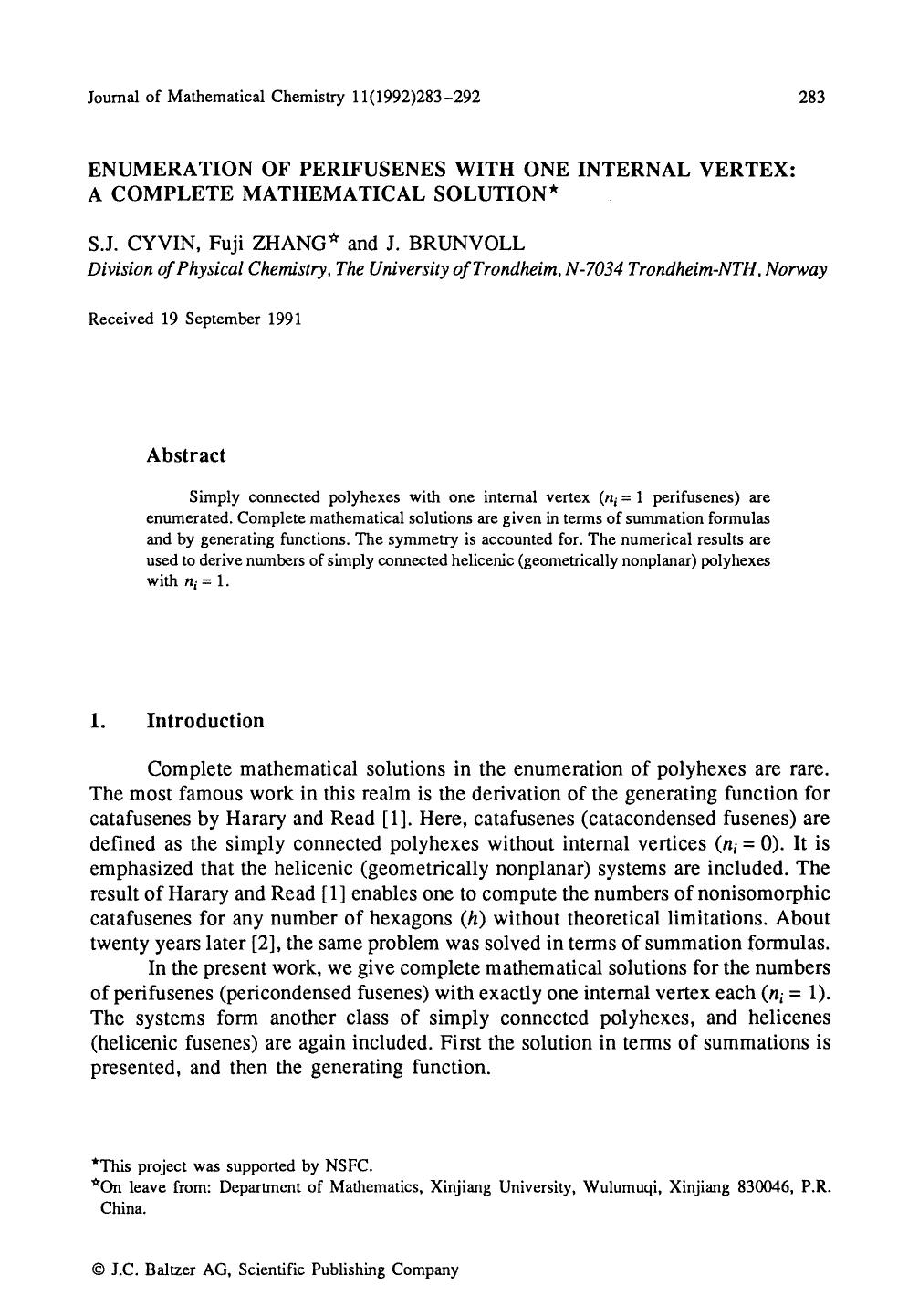Enumeration of perifusenes with one internal vertex: A complete mathematical solution by Unknown