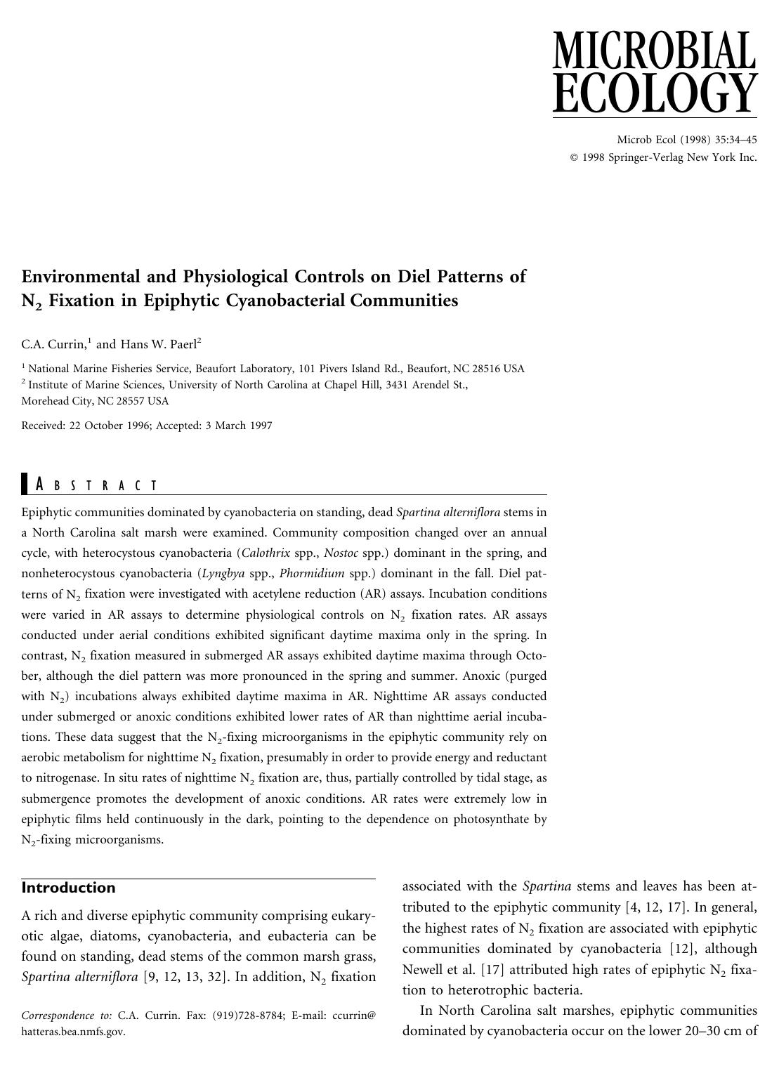 Enviromental and Physiological Controls on Diel Patterns of N2 Fixation in Epiphytic Cyanobacterial Communities by Currin C. et al