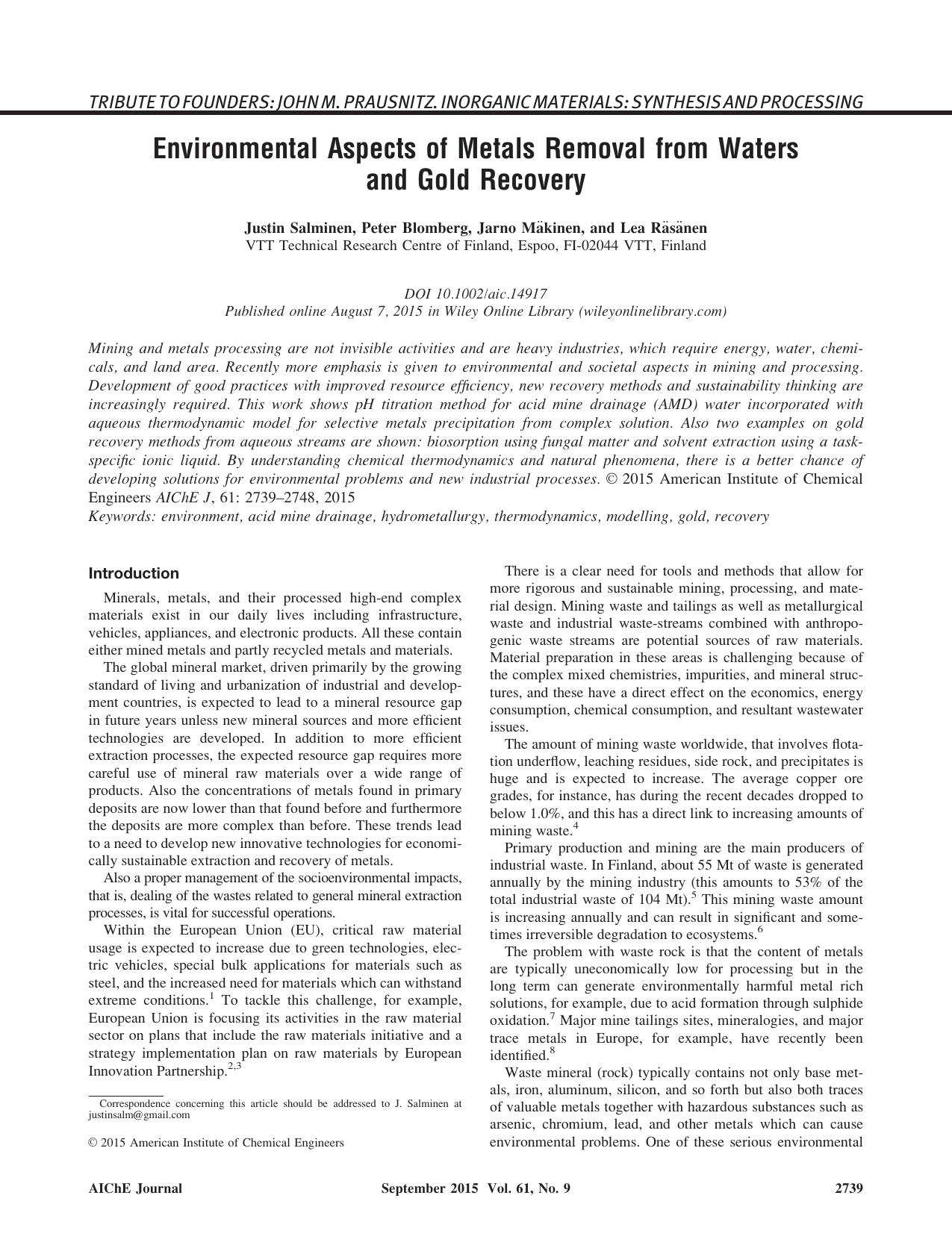 Environmental Aspects of Metals Removal from Waters and Gold Recovery by Unknown