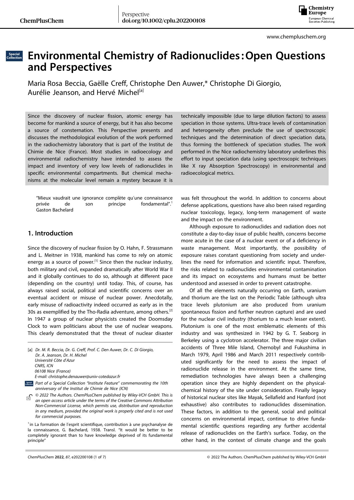 Environmental Chemistry of Radionuclidesâ:âOpen Questions and Perspectives by Unknown