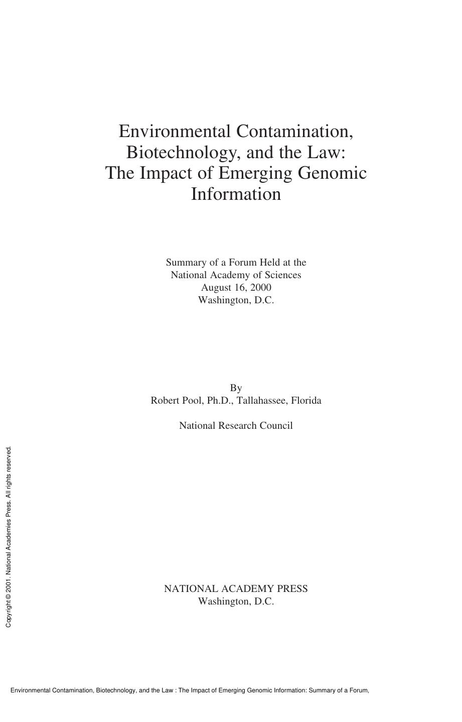 Environmental Contamination, Biotechnology, and the Law : The Impact of Emerging Genomic Information: Summary of a Forum by National Research Council; Division on Earth and Life Studies; Board on Life Sciences; Robert Pool