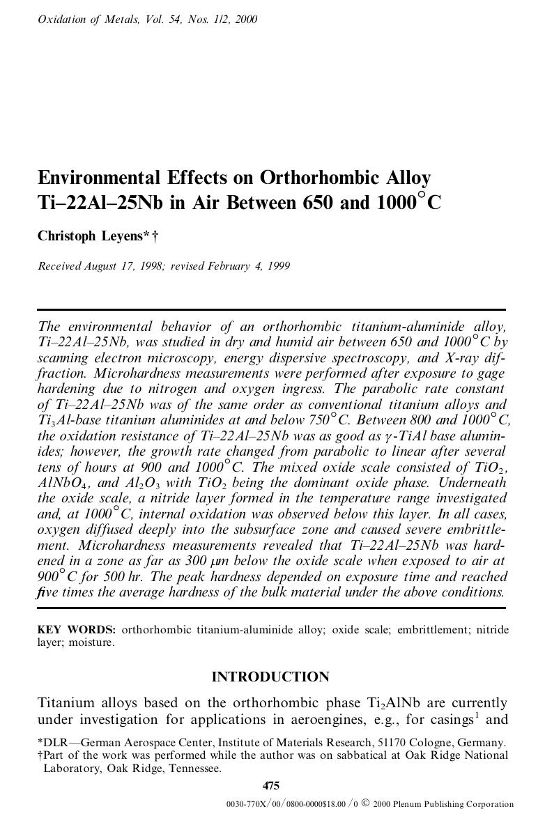 Environmental Effects on Orthorhombic Alloy Ti-22Al-25Nb in Air Between 650 and 1000&#x00B0;C by Unknown