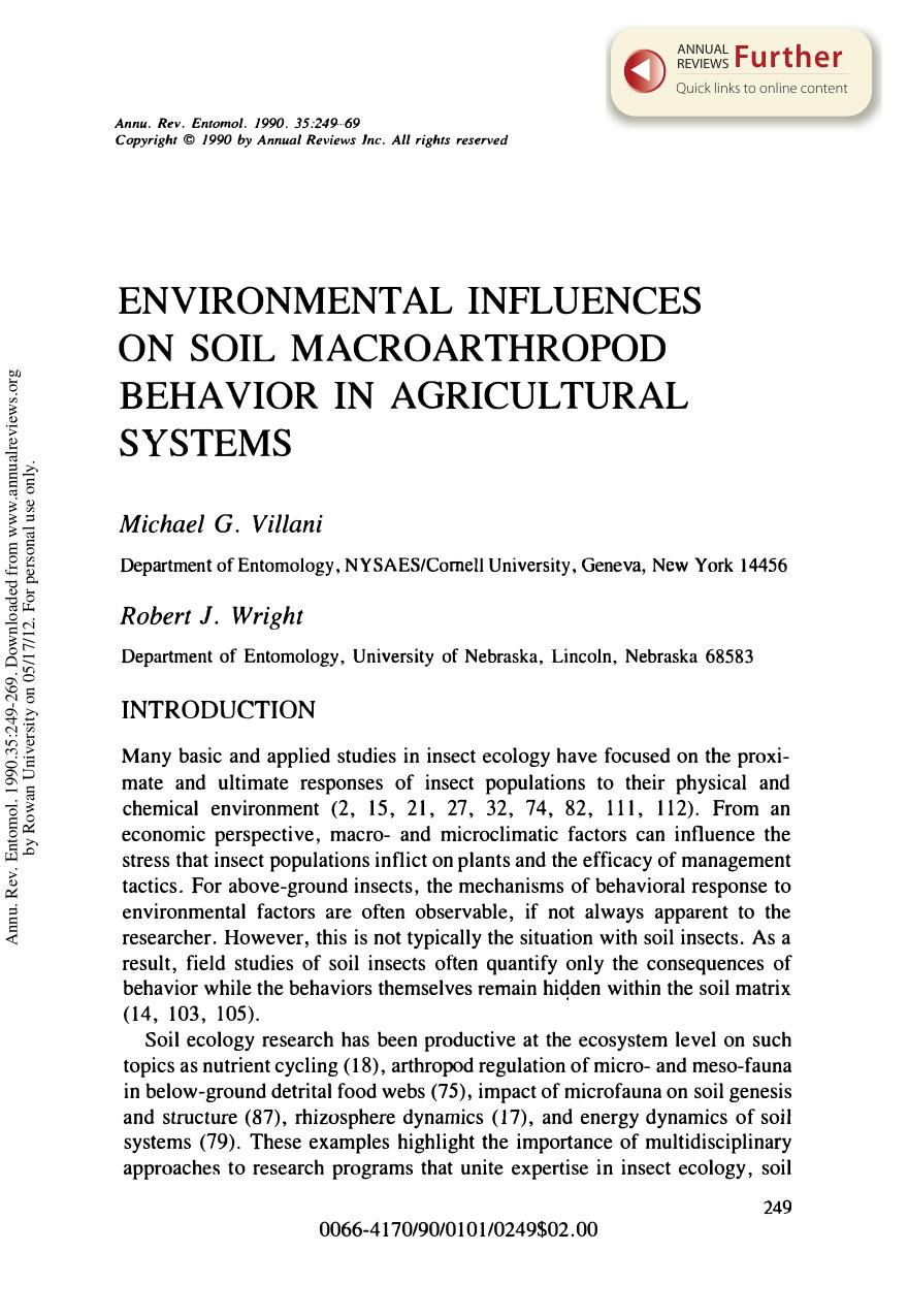 Environmental Influences on Soil Macroarthropod Behavior in Agricultural Systems by M G Villani & and R J Wright