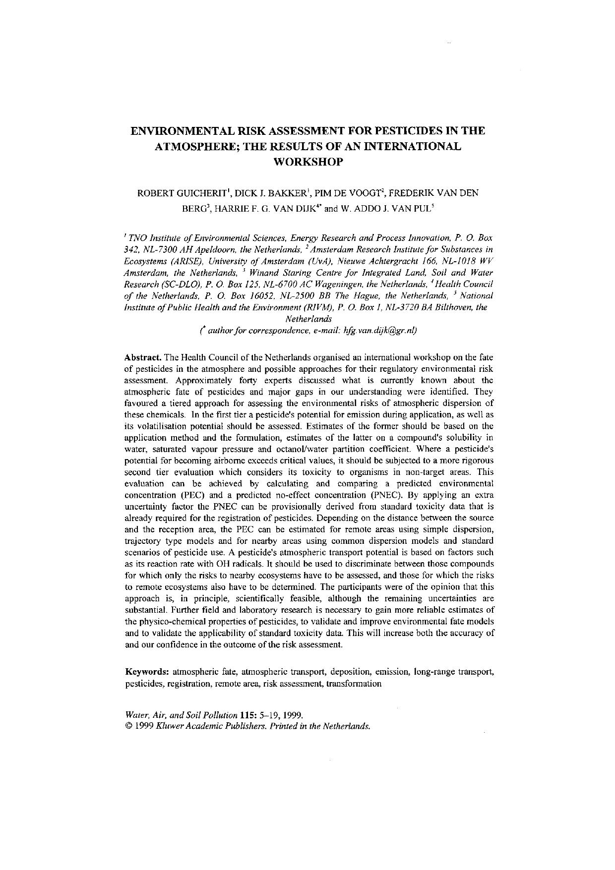 Environmental Risk Assessment for Pesticides in the Atmosphere; The Results of an International Workshop by Unknown