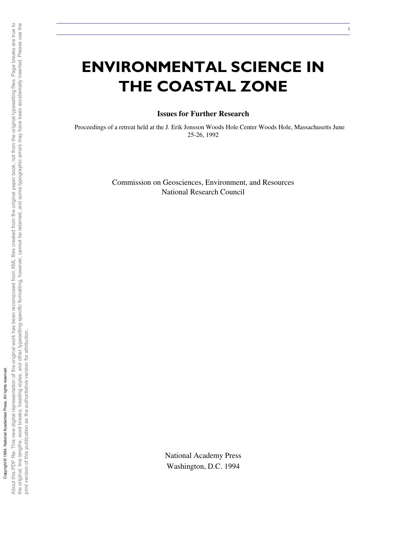 Environmental Science in the Coastal Zone: Issues for Further Research by unknow