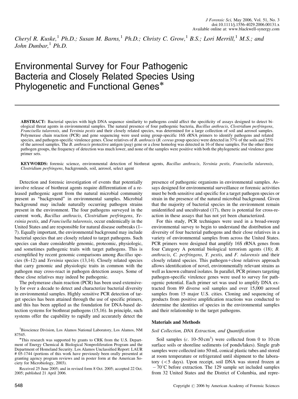 Environmental Survey for Four Pathogenic Bacteria and Closely Related Species Using Phylogenetic and Functional Genes* by Unknown