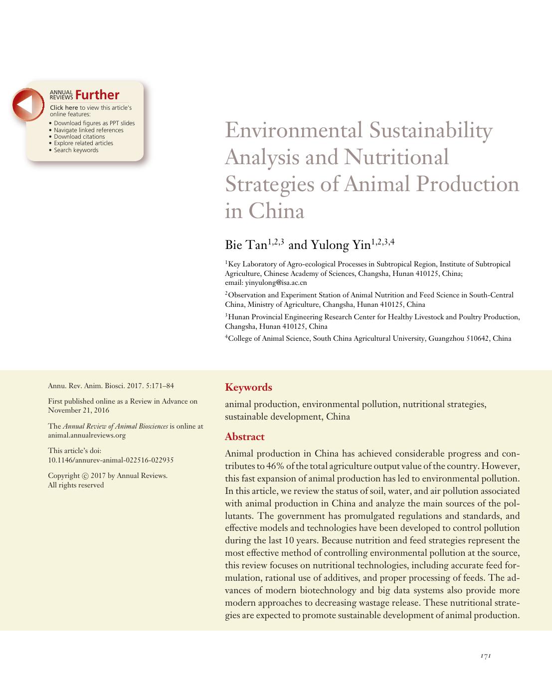 Environmental Sustainability Analysis and Nutritional Strategies of Animal Production in China by Bie Tan and Yulong Yin