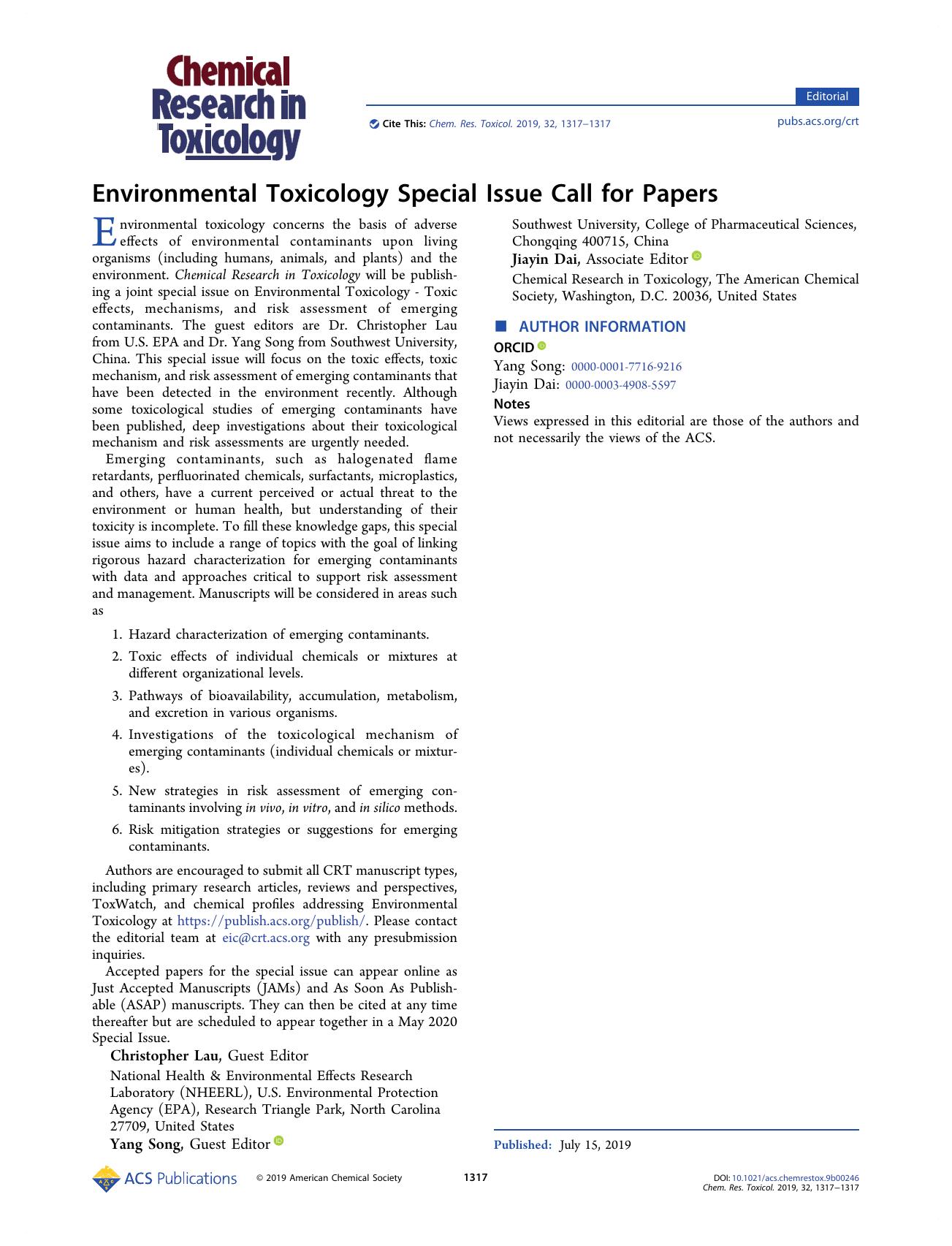 Environmental Toxicology Special Issue Call for Papers by Christopher Lau Yang Song and Jiayin Dai