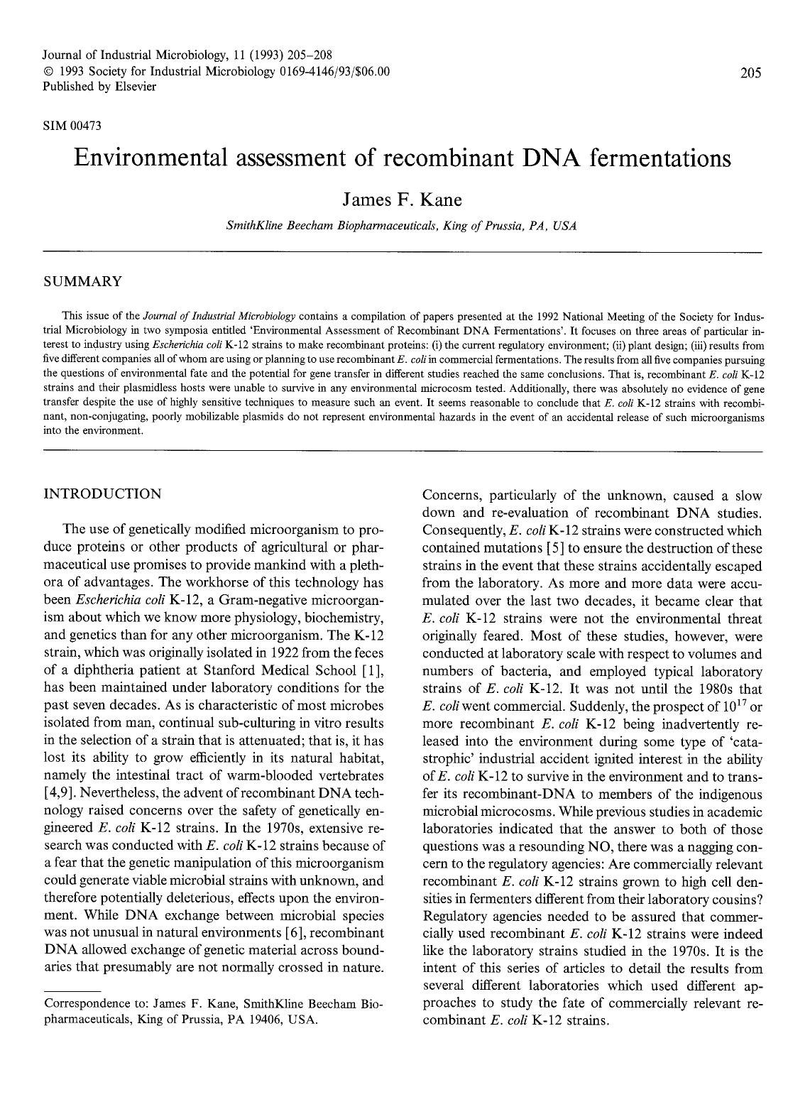 Environmental assessment of recombinant DNA fermentations by Unknown