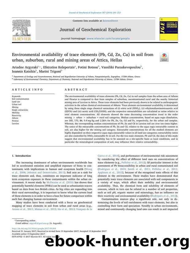 Environmental availability of trace elements (Pb, Cd, Zn, Cu) in soil from urban, suburban, rural and mining areas of Attica, Hellas by unknow