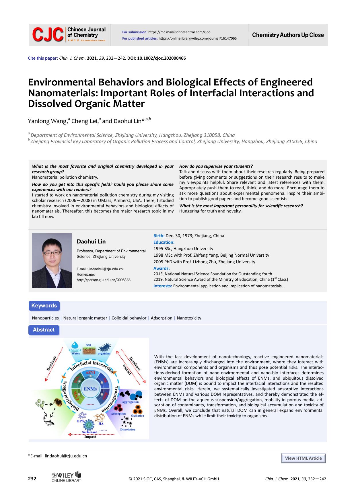 Environmental behaviors and biological effects of engineered nanomaterials: Important roles of interfacial interactions and dissolved organic matter by USER