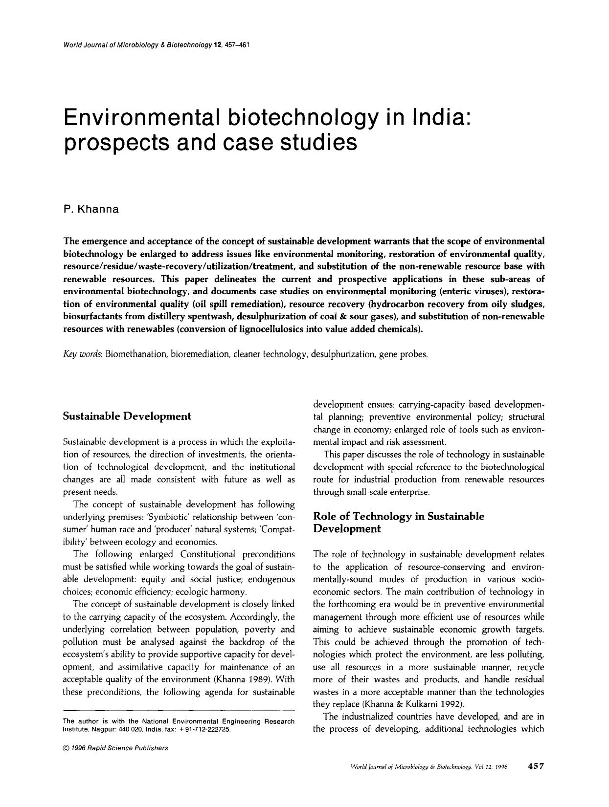 Environmental biotechnology in India: prospects and case studies by Unknown