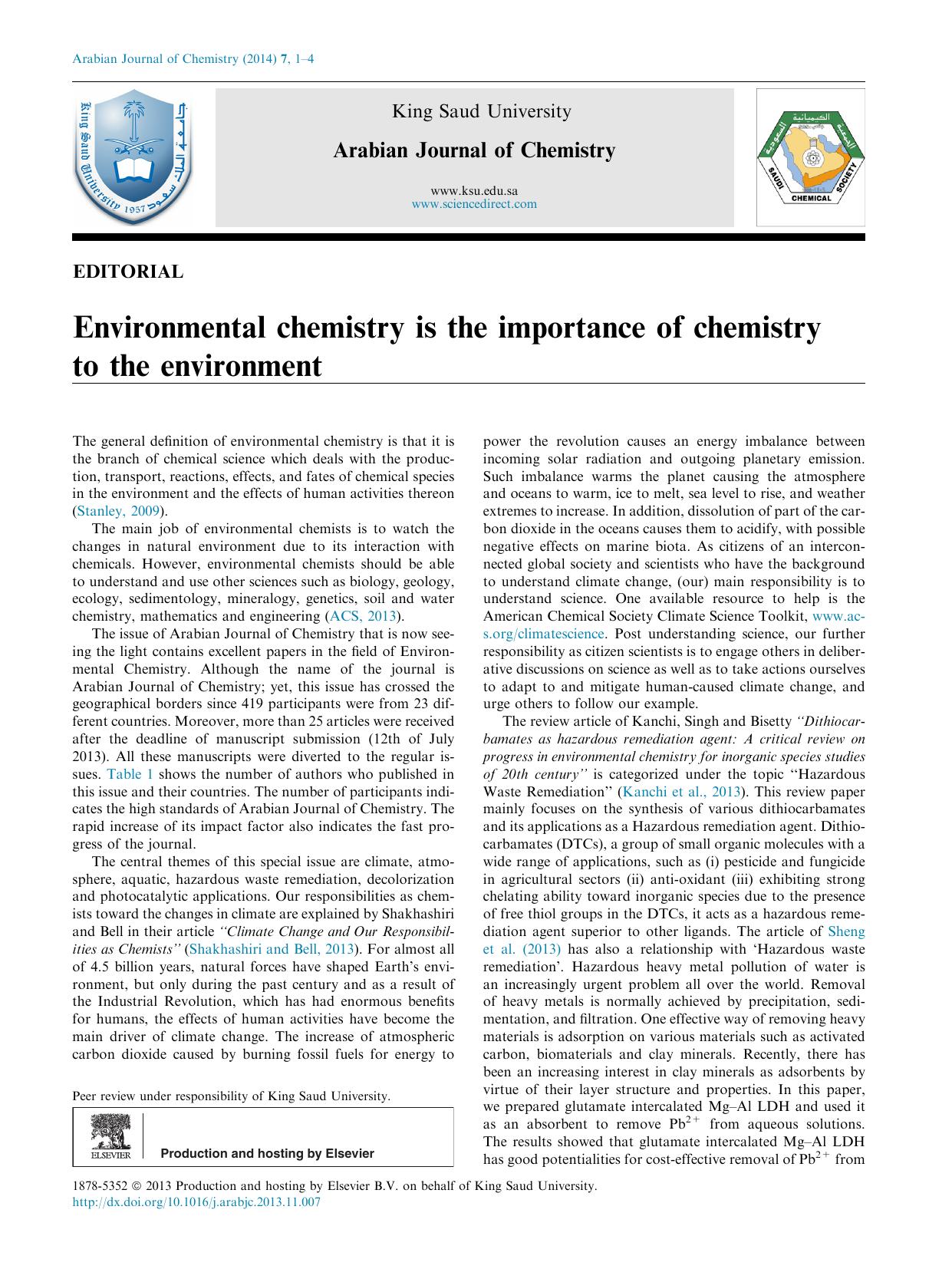 Environmental chemistry is the importance of chemistry to the environment by Falah H. Hussein