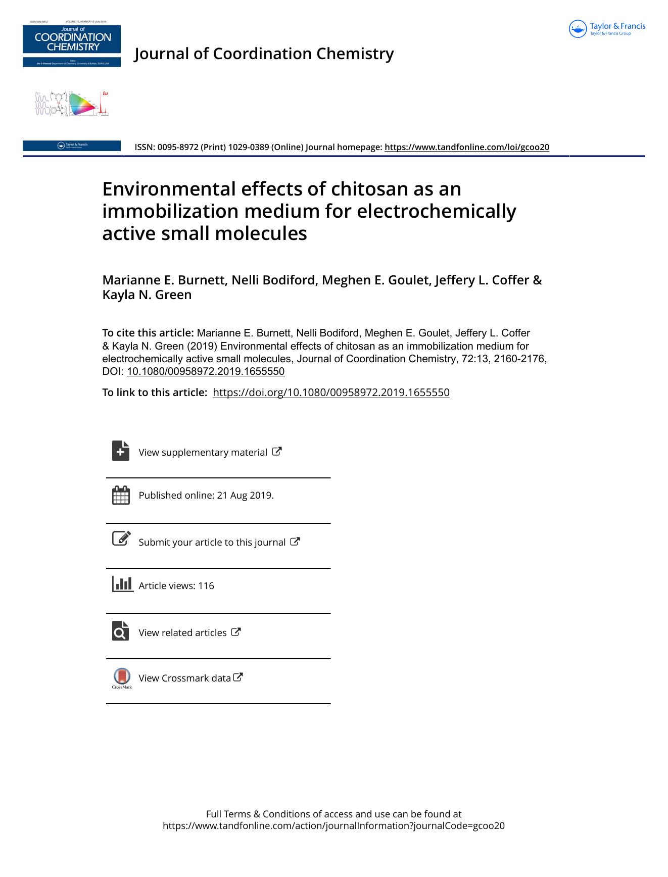 Environmental effects of chitosan as an immobilization medium for electrochemically active small molecules by Burnett Marianne E. & Bodiford Nelli & Goulet Meghen E. & Coffer Jeffery L. & Green Kayla N
