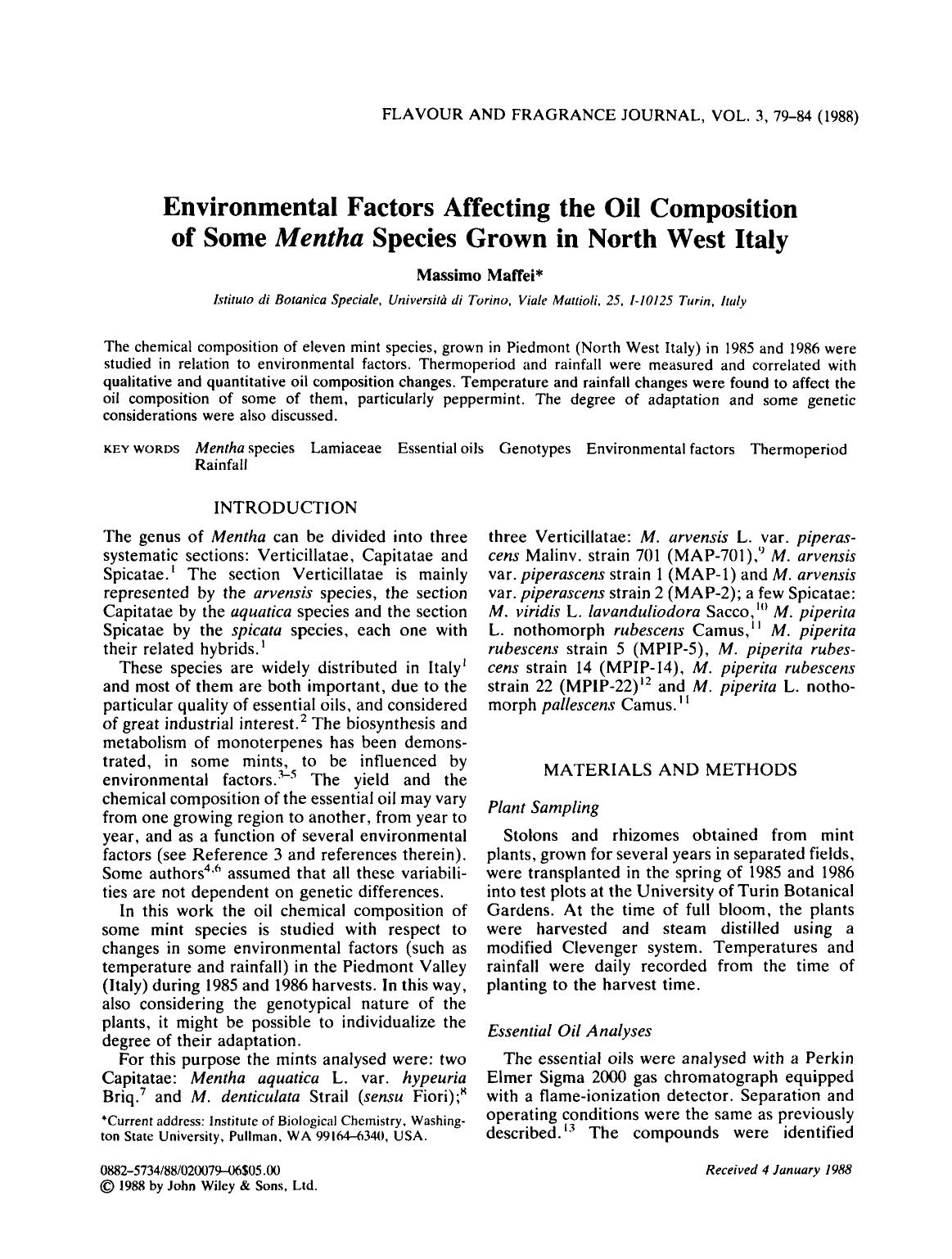Environmental factors affecting the oil composition of some Mentha species grown in north west Italy by Unknown