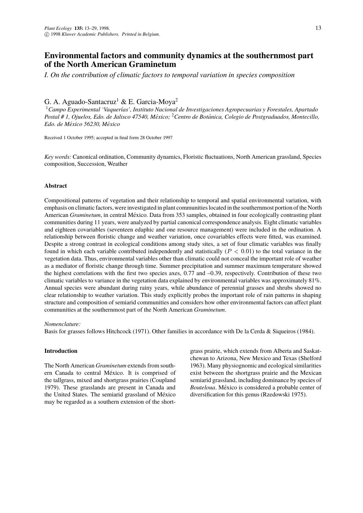 Environmental factors and community dynamics at the southernmost part of the North American Graminetum – I. On the contribution of climatic factors to temporal variation in species composition by Unknown