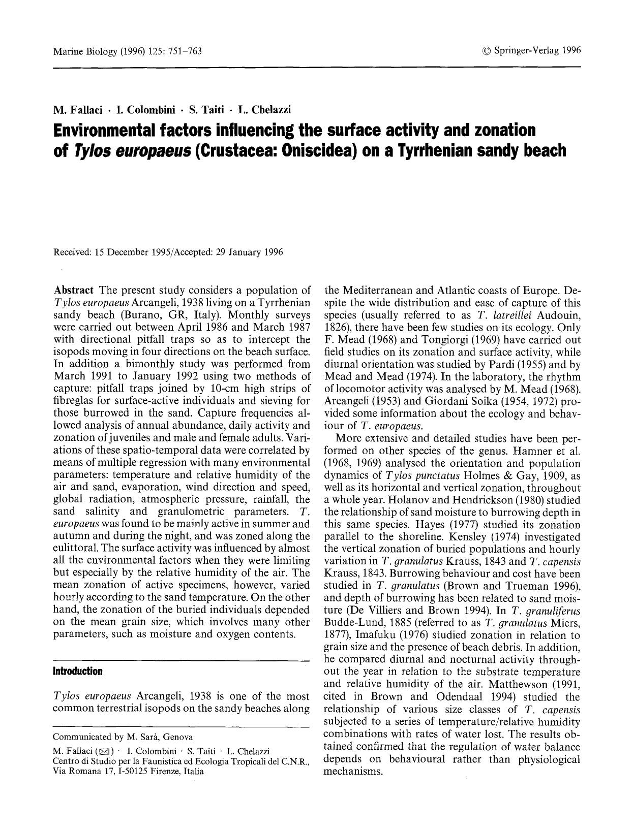 Environmental factors influencing the surface activity and zonation of <Emphasis Type="Italic">Tylos europaeus<Emphasis> (Crustacea: Oniscidea) on a Tyrrhenian sandy beach by Unknown