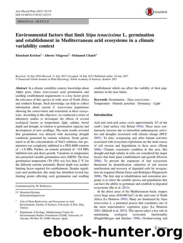 Environmental factors that limit Stipa tenacissima L. germination and establishment in Mediterranean arid ecosystems in a climate variability context by Khouloud Krichen & Alberto Vilagrosa & Mohamed Chaieb