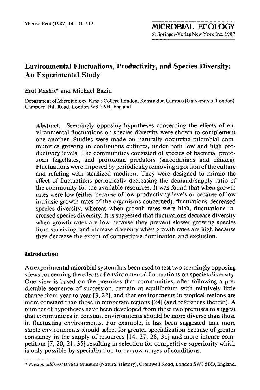 Environmental fluctuations, productivity, and species diversity: An experimental study by Unknown