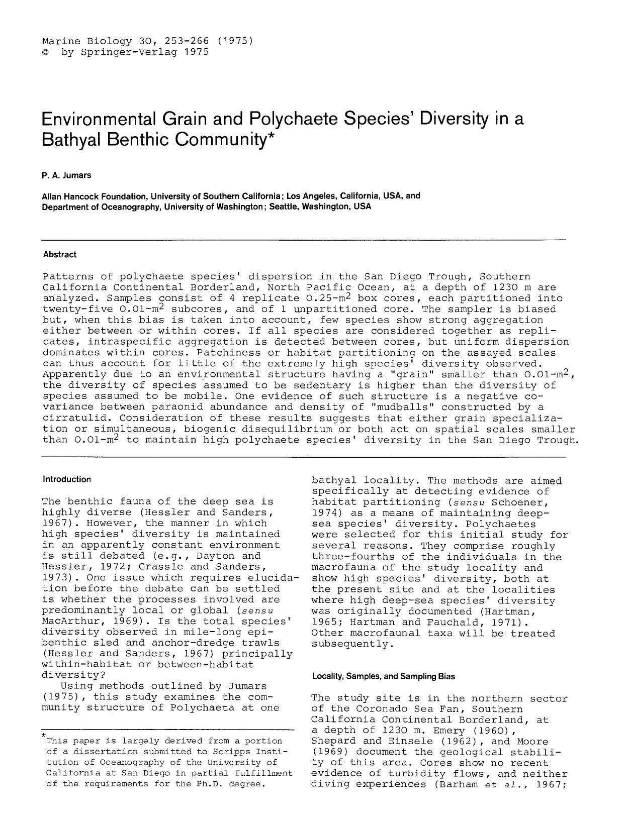Environmental grain and polychaete species' diversity in a bathyal benthic community by Unknown