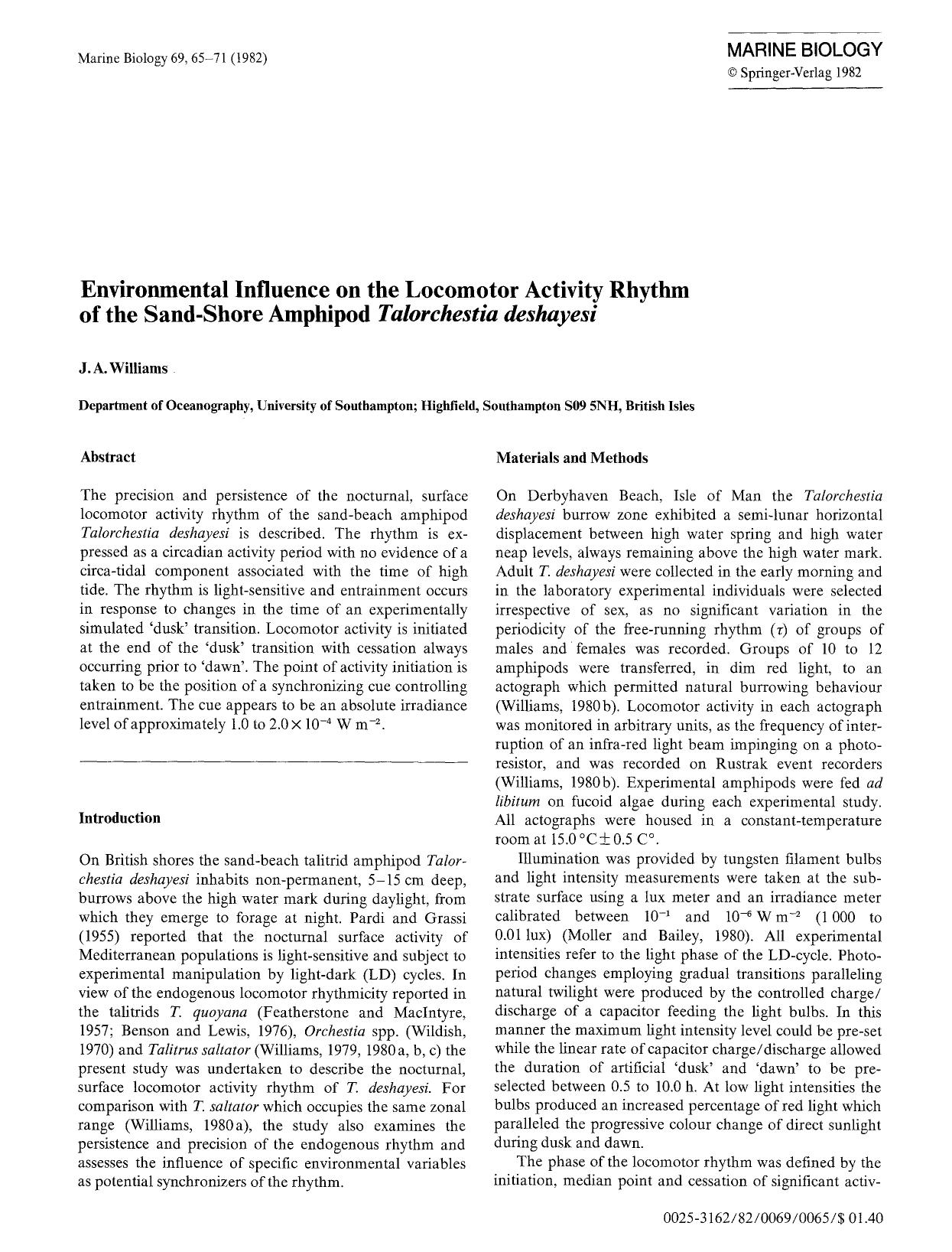 Environmental influence on the locomotor activity rhythm of the sand-shore amphipod <Emphasis Type="Italic">Talorchestia deshayesi<Emphasis> by Unknown