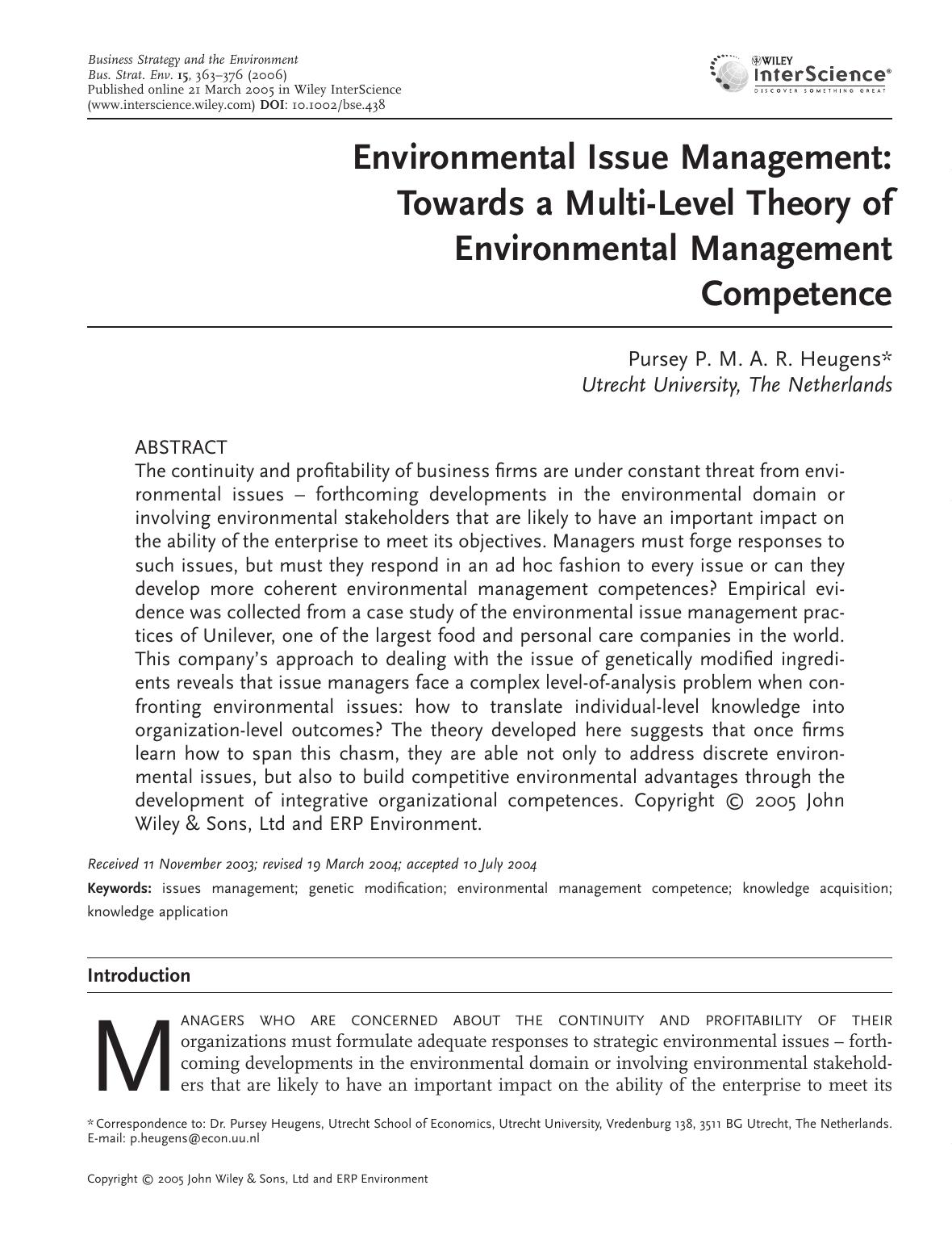 Environmental issue management: towards a multi-level theory of environmental management competence by M34