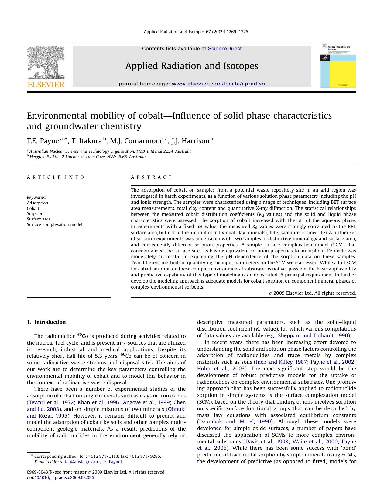 Environmental mobility of cobaltâInfluence of solid phase characteristics and groundwater chemistry by T.E. Payne; T. Itakura; M.J. Comarmond; J.J. Harrison