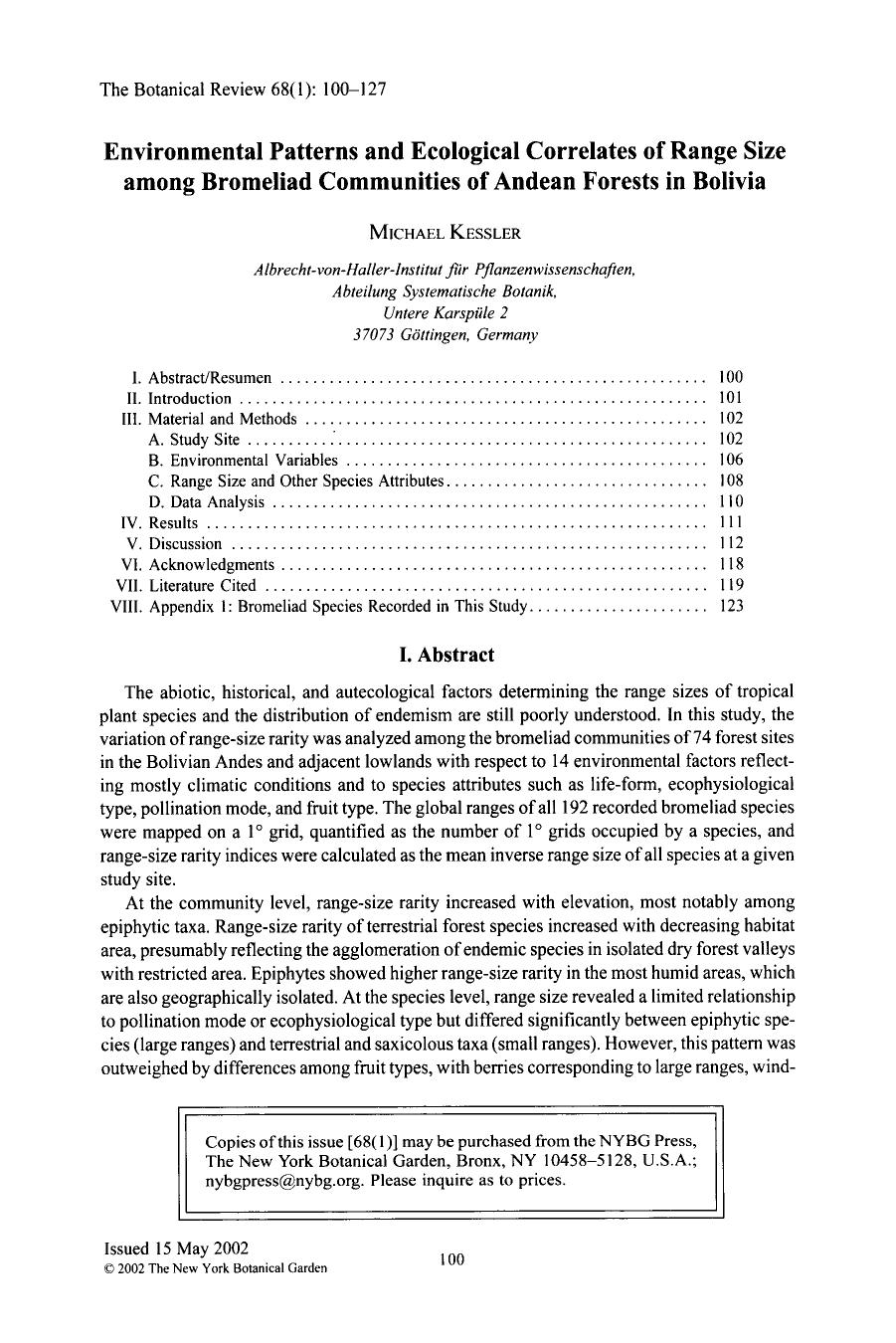 Environmental patterns and ecological correlates of range size among bromeliad communities of Andean Forests in Bolivia by Unknown